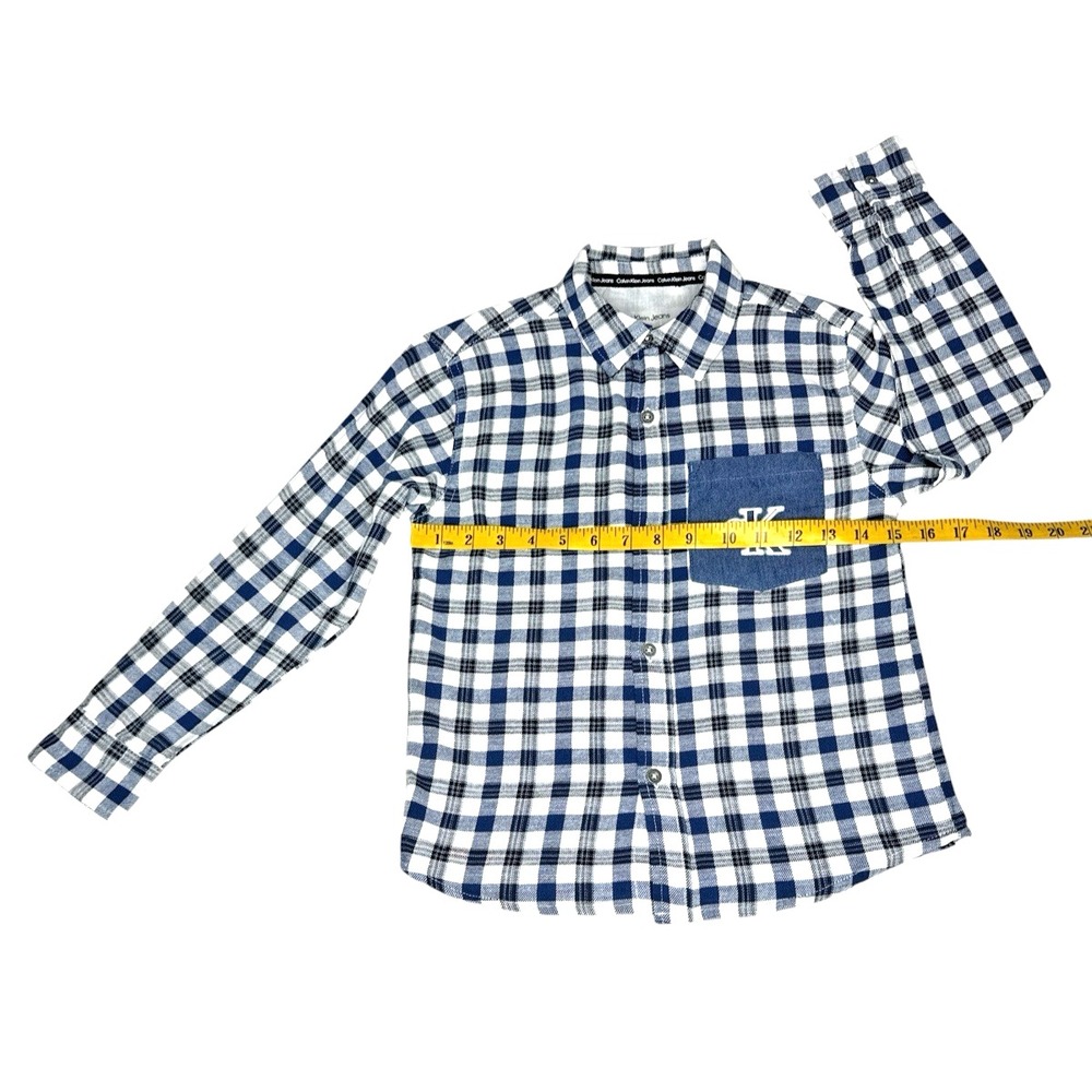 Calvin Klein Jeans Boy's Logo Pocket 100% Cotton Plaid Blue/White Shirt - Size 8 - Picture 5 of 12